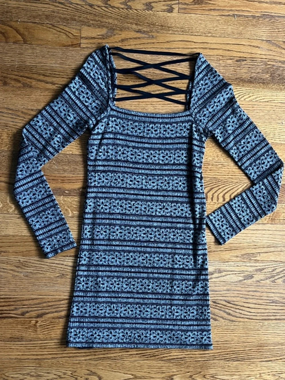 Free People Black and Gray Strappy-Back Long Sleeve Knit Mini Dress